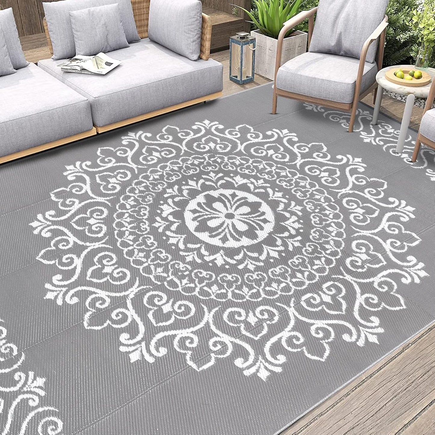 6'X9' Gray Outdoor Rug Patio Rug Waterproof RV Outdoor Rug Camping Rugs Reversible Plastic Straw Rug Large Outdoor Mat for Camping, Balcony Apartment, Patio, Porch, Picnic, Beach