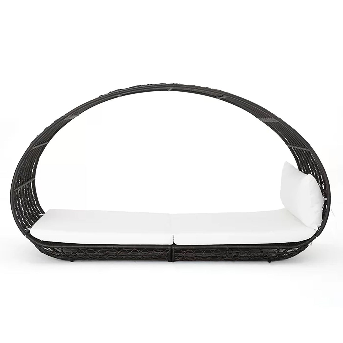 Black wicker chair with white cushion on a white background