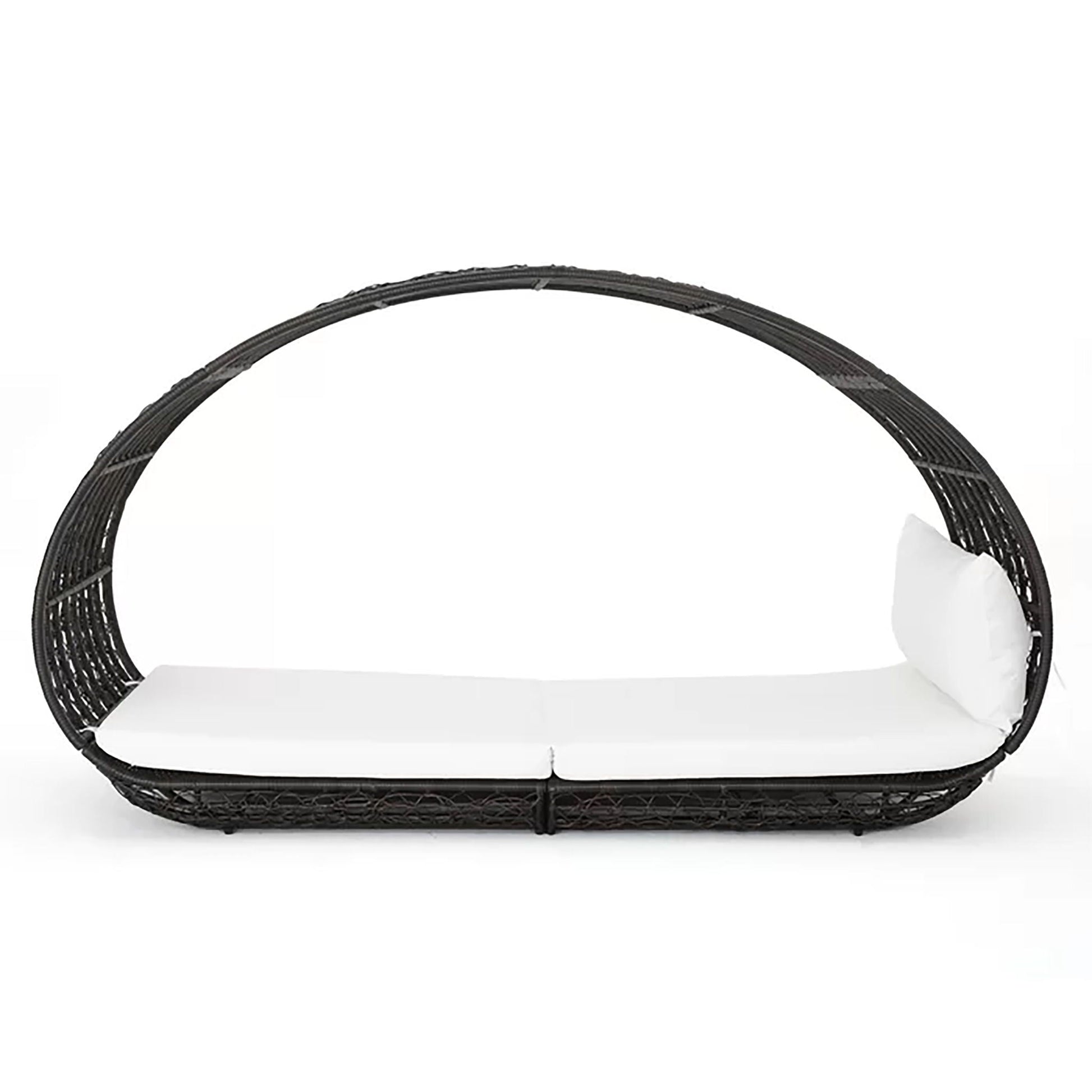 Black wicker chair with white cushion on a white background