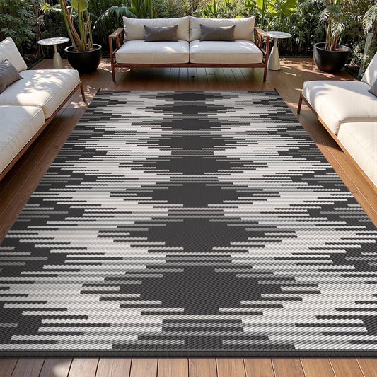 Outdoor Rug Carpet 9'X12' Waterproof Reversible Patio Rug Portable Modern Indoor Outdoor Rug Plastic Straw Rug for RV Camping Garden Picnic Deck Backyard Boho Porch Decor Black and Gray