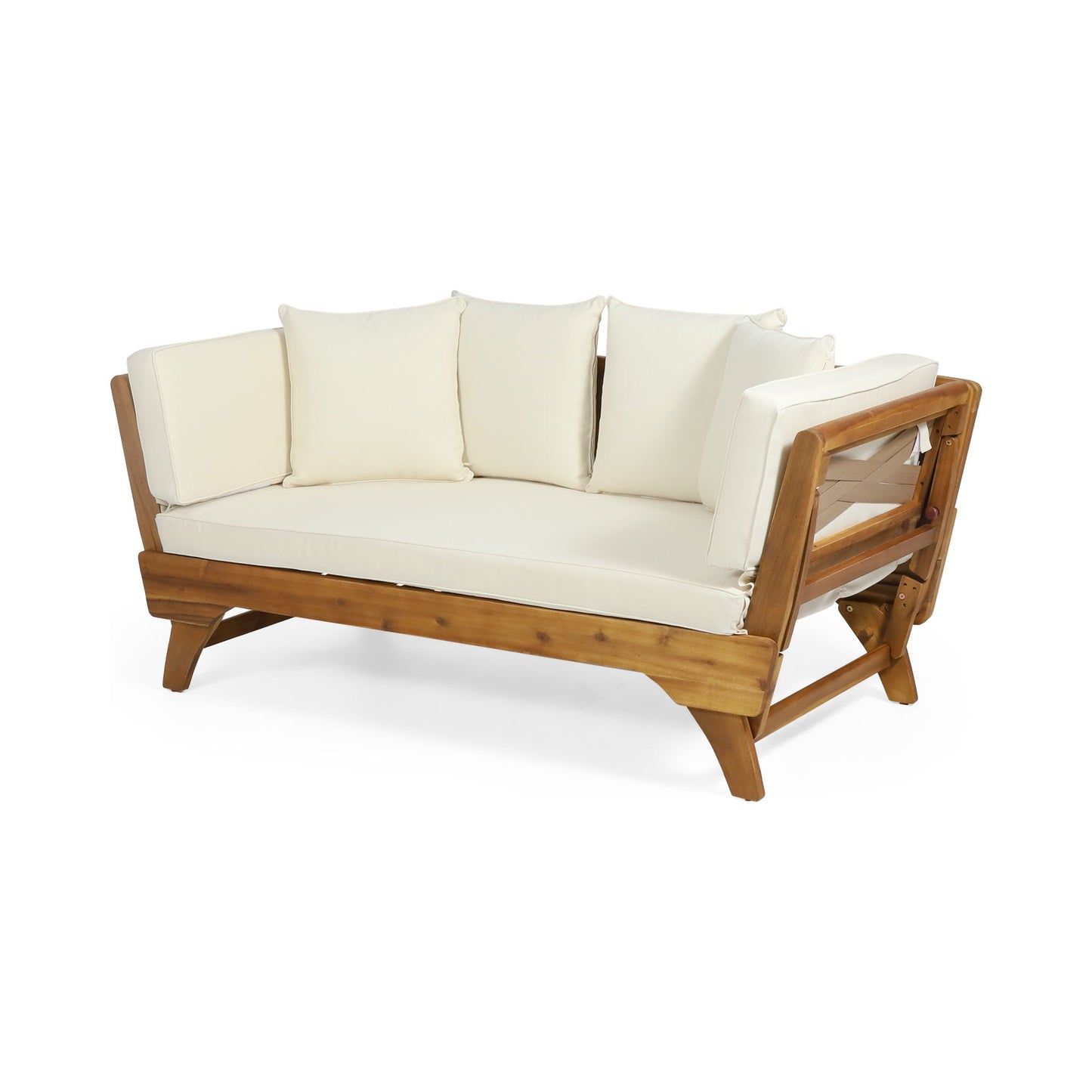 Wooden outdoor sofa with white cushions on a white background