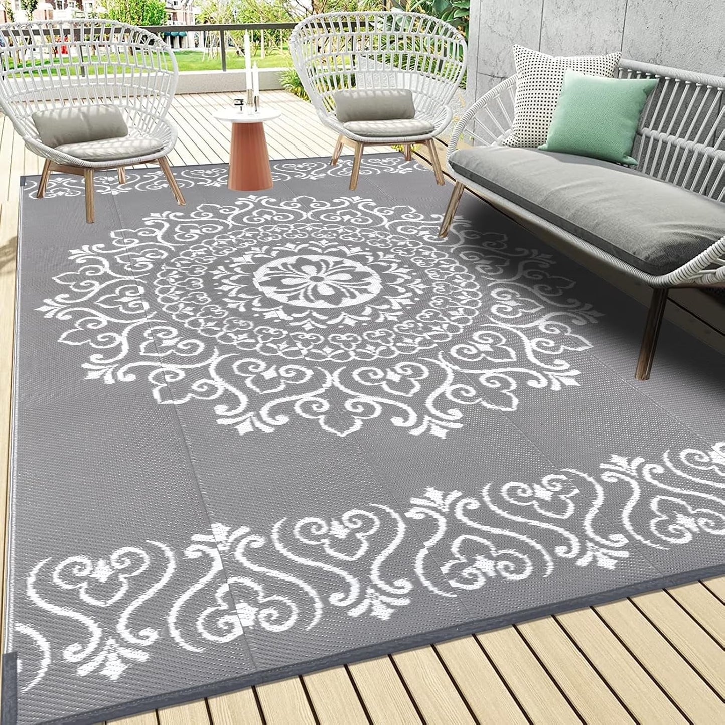 6'X9' Gray Outdoor Rug Patio Rug Waterproof RV Outdoor Rug Camping Rugs Reversible Plastic Straw Rug Large Outdoor Mat for Camping, Balcony Apartment, Patio, Porch, Picnic, Beach