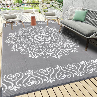 6'X9' Gray Outdoor Rug Patio Rug Waterproof RV Outdoor Rug Camping Rugs Reversible Plastic Straw Rug Large Outdoor Mat for Camping, Balcony Apartment, Patio, Porch, Picnic, Beach