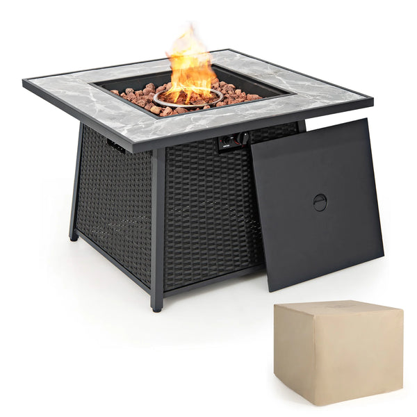 35'' Propane Fire Pit Dining Table | 50,000 BTU | PE Rattan with Lava Rocks & Cover