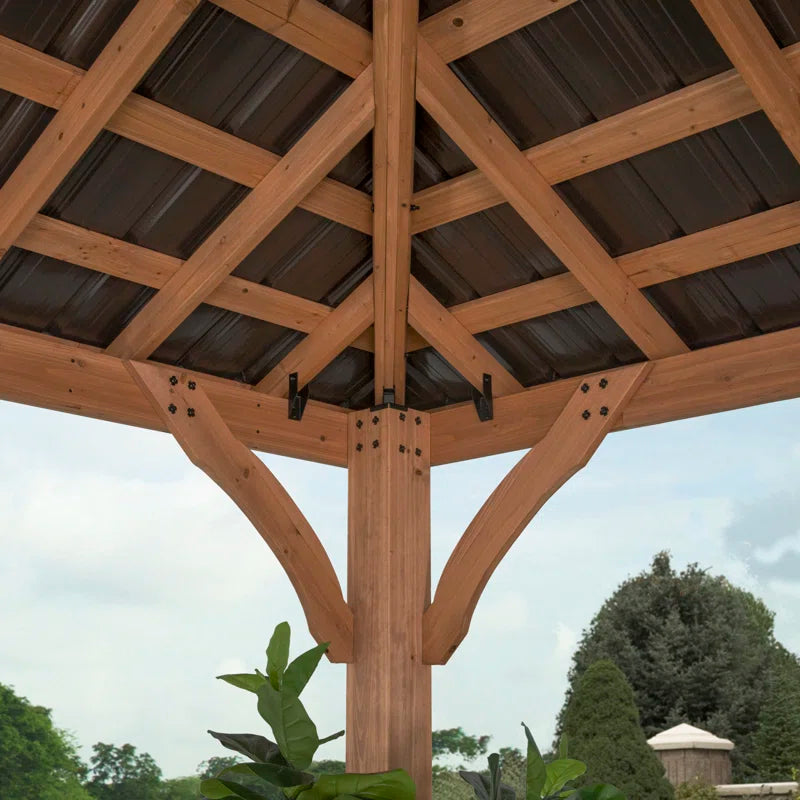 Barrington 12' X 10' Cedar Wood Outdoor Patio Gazebo with Hardtop Galvanized Steel Hip Roof and Powerport