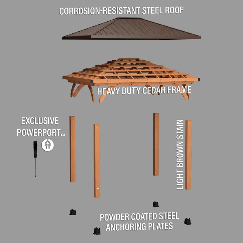 Barrington 12' X 10' Cedar Wood Outdoor Patio Gazebo with Hardtop Galvanized Steel Hip Roof and Powerport