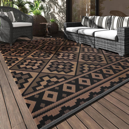 Outdoor Rug 8'X10' Waterproof Reversible Patio Rug Modern Lightweight Plastic Straw Indoor Outdoor Rug for RV Camping Deck Balcony Porch Boho Patio Decor Outdoor Carpet Black and Brown