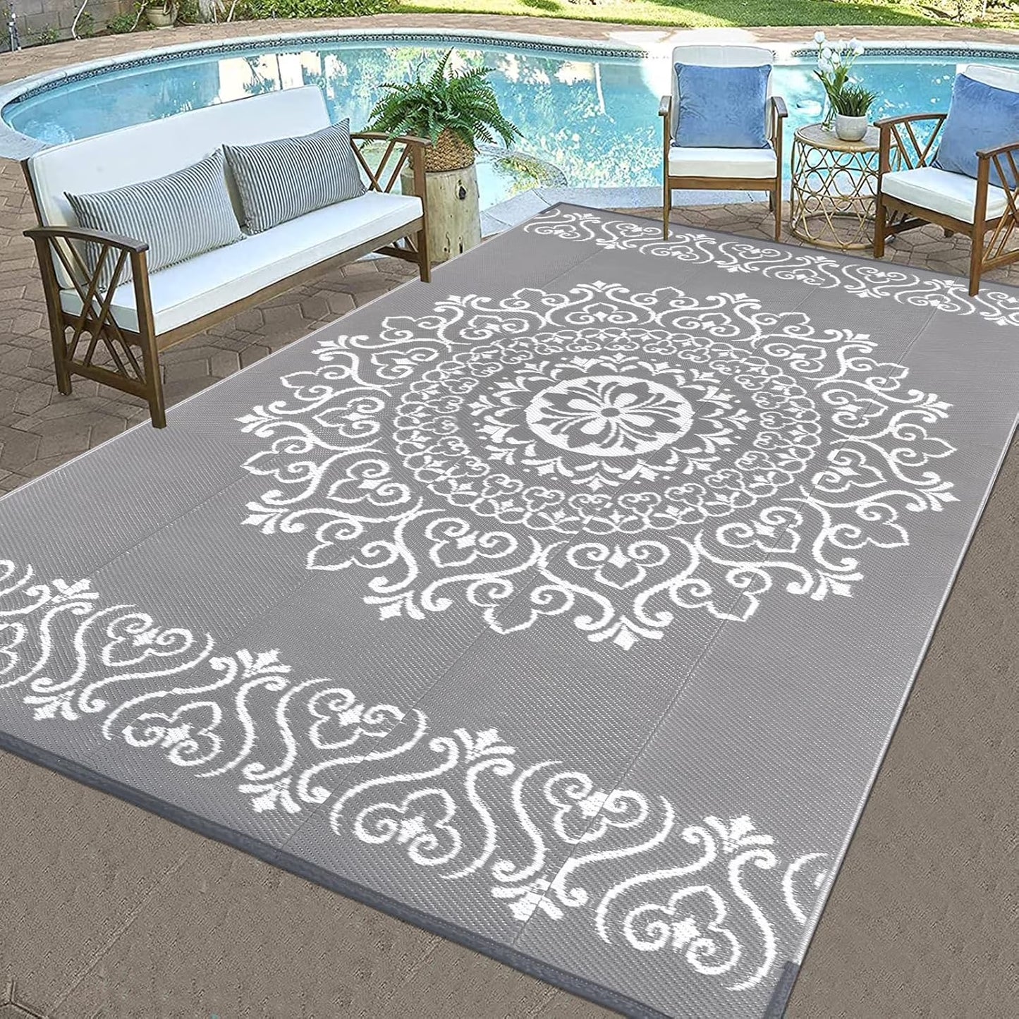 6'X9' Gray Outdoor Rug Patio Rug Waterproof RV Outdoor Rug Camping Rugs Reversible Plastic Straw Rug Large Outdoor Mat for Camping, Balcony Apartment, Patio, Porch, Picnic, Beach