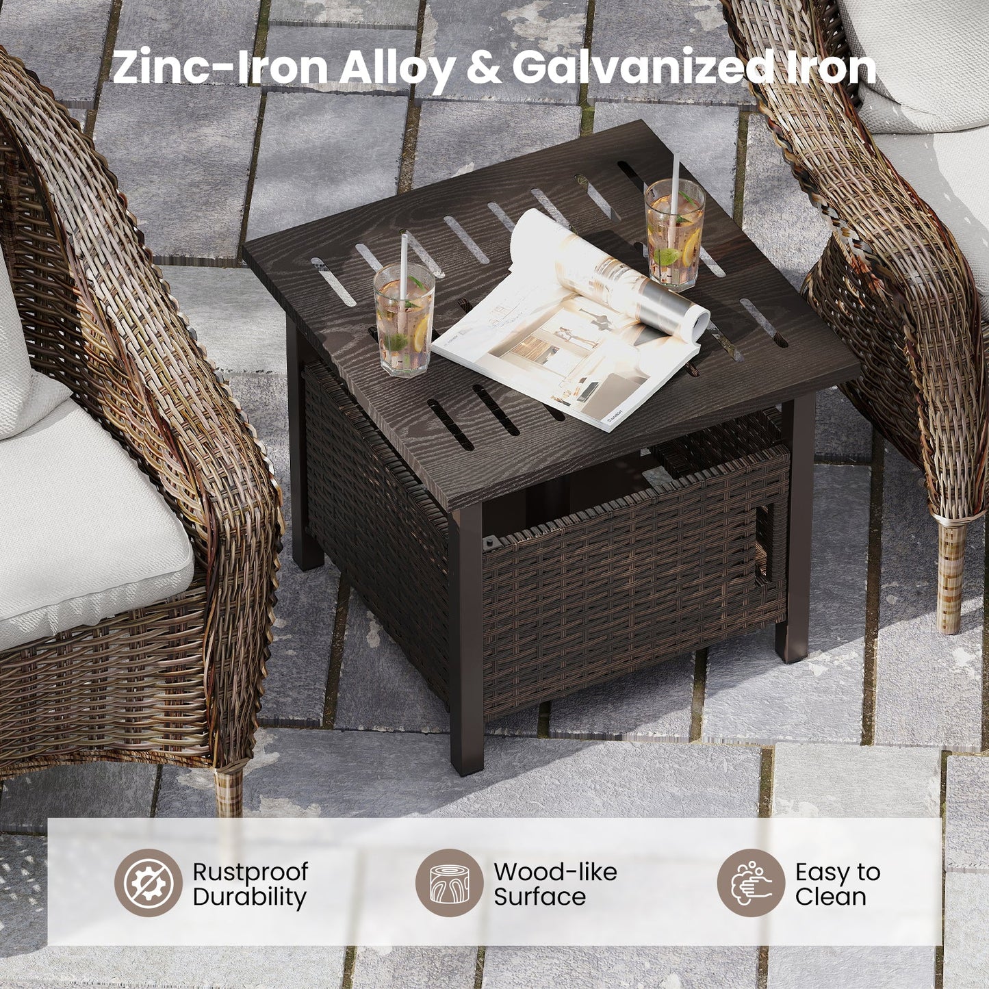 All-Weather PE Wicker Outdoor Side Table with Umbrella Hole — Brown