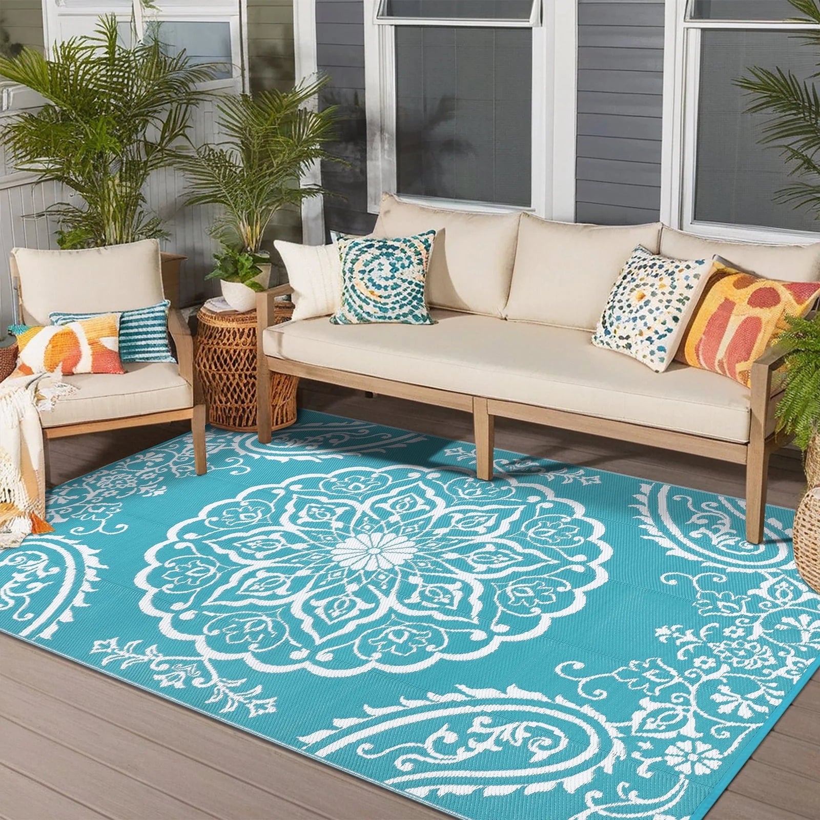 6'X9' Outdoor Rug, Patio Rug Waterproof RV Outdoor Rug Camping Rugs Reversible Plastic Mat for Camping, Balcony Apartment, Patio, Porch, Picnic, Beach, Teal