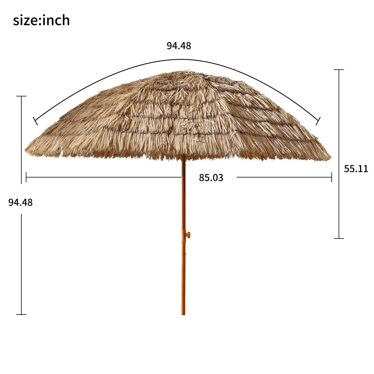 Measurement chart of a thatched umbrella with dimensions in inches.