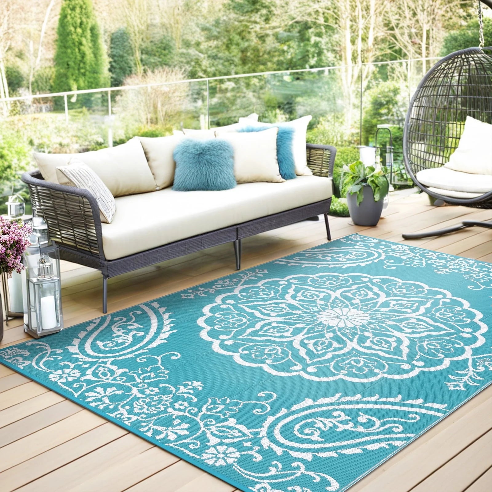 6'X9' Outdoor Rug, Patio Rug Waterproof RV Outdoor Rug Camping Rugs Reversible Plastic Mat for Camping, Balcony Apartment, Patio, Porch, Picnic, Beach, Teal