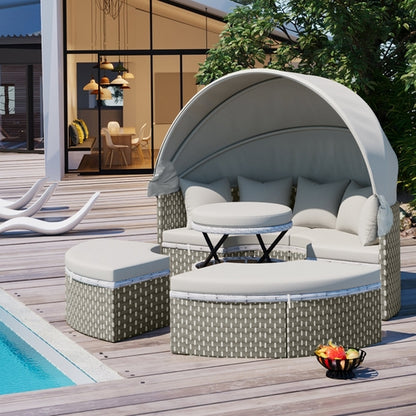 Outdoor patio set with canopy, ottomans, and table by a poolside.