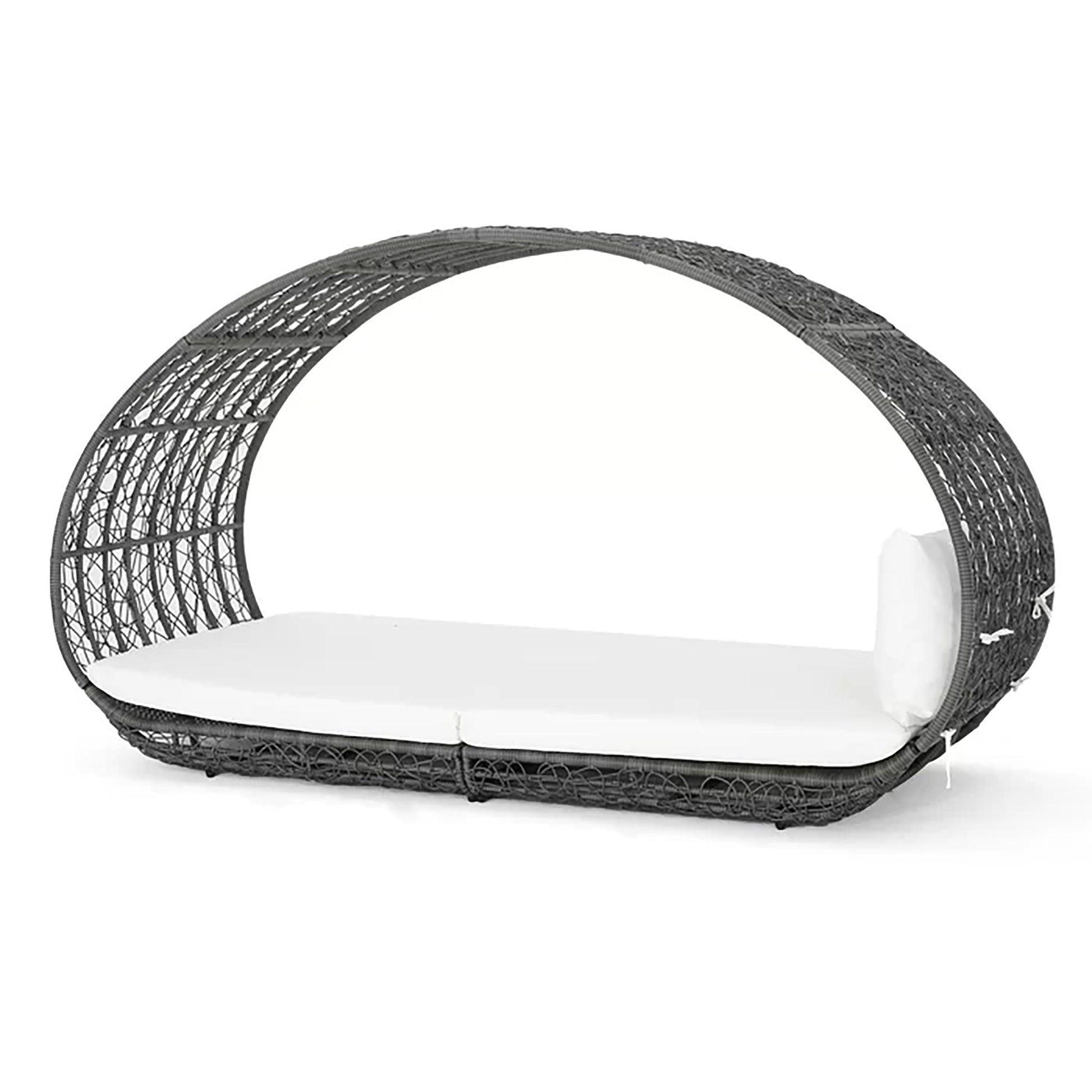 Black wicker outdoor chair with white cushion on a white background