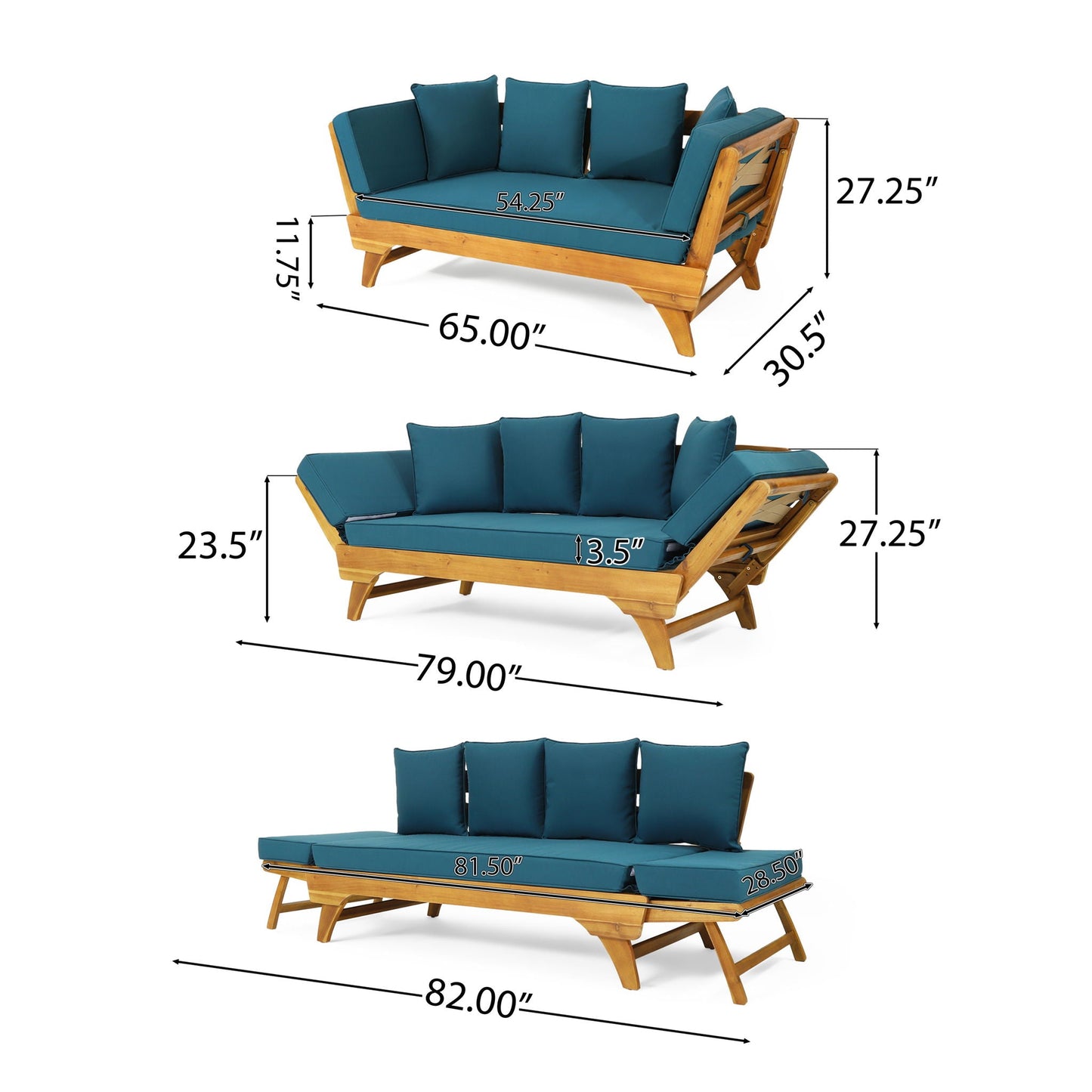 Dimensions of a wooden outdoor sofa with blue cushions on a white background
