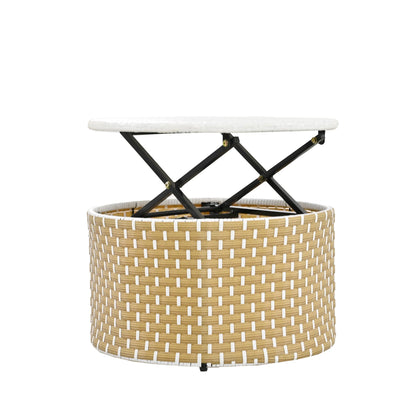 Round coffee table with woven base and lift-top design on a white background