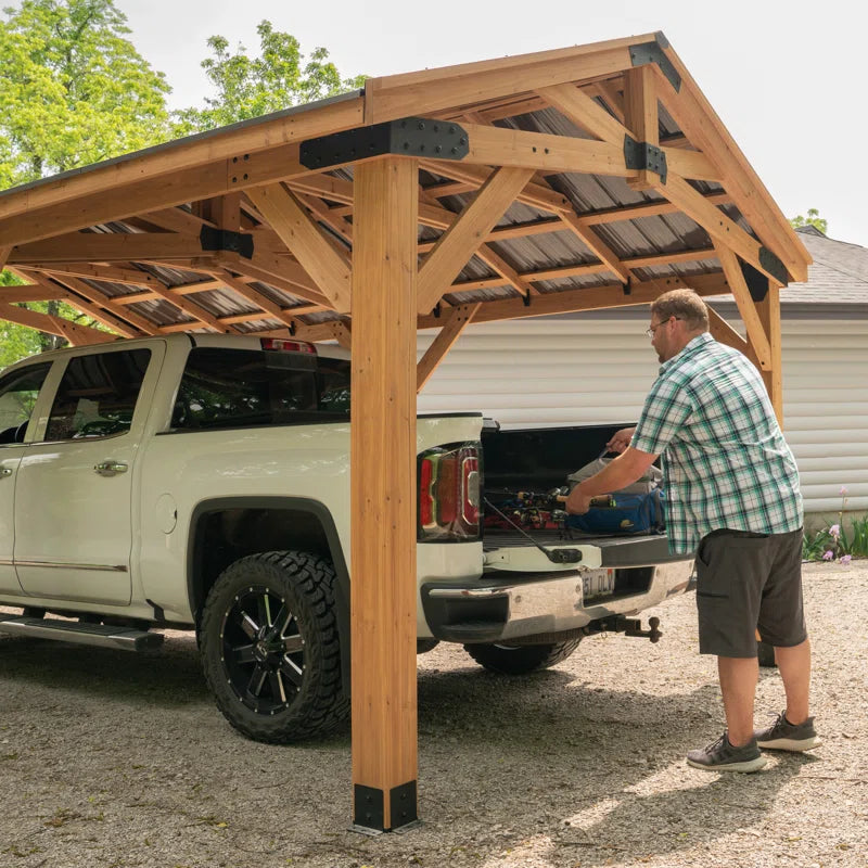 Norwood 24' X 12' Cedar Wood Outdoor Patio Gazebo with Hardtop Galvanized Steel Peak Roof and Powerport