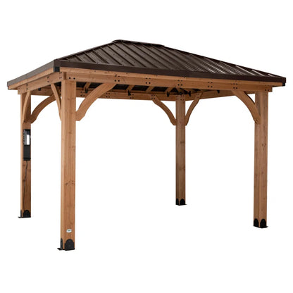 Barrington 12' X 10' Cedar Wood Outdoor Patio Gazebo with Hardtop Galvanized Steel Hip Roof and Powerport