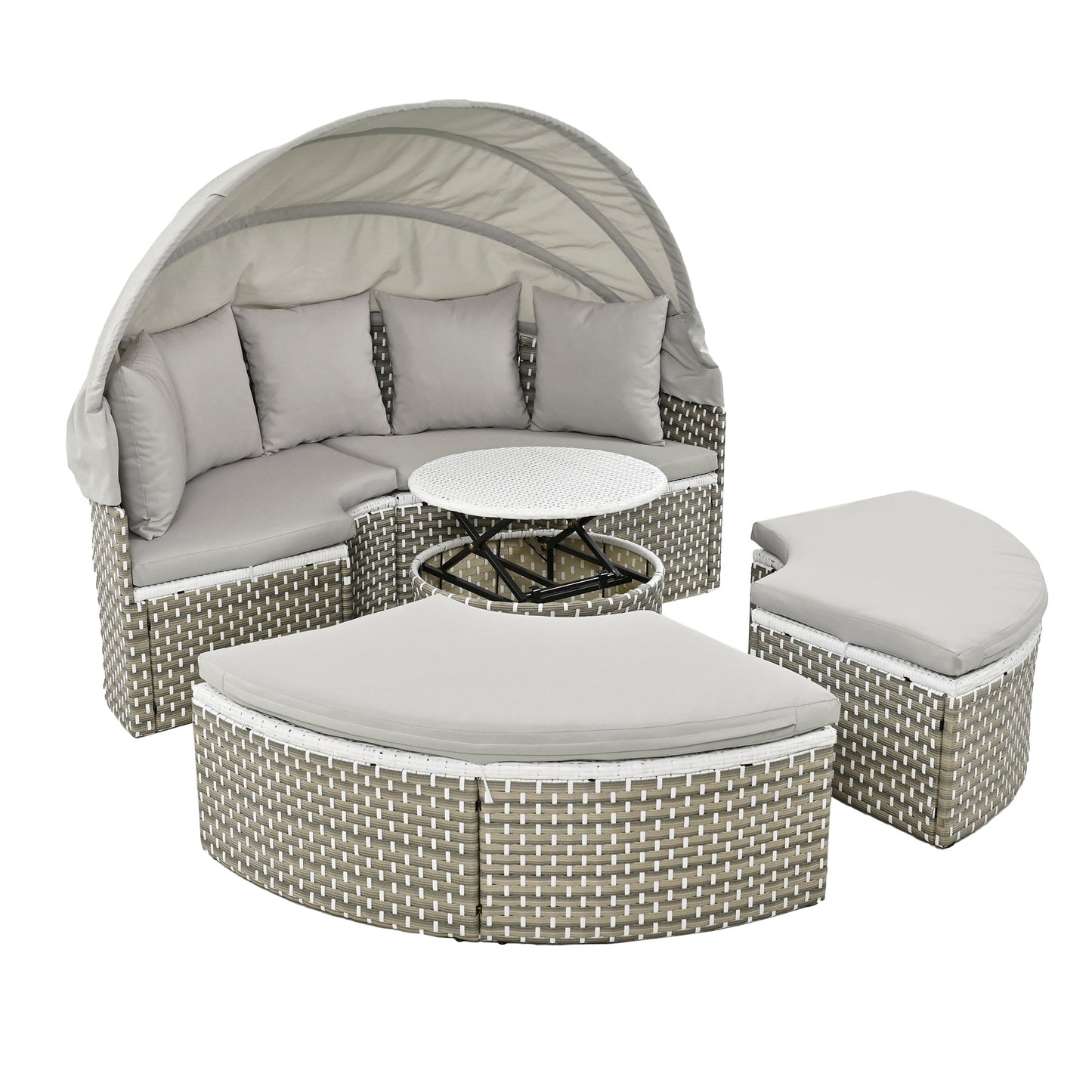 Outdoor patio set with canopy, sofa, and ottoman on a white background