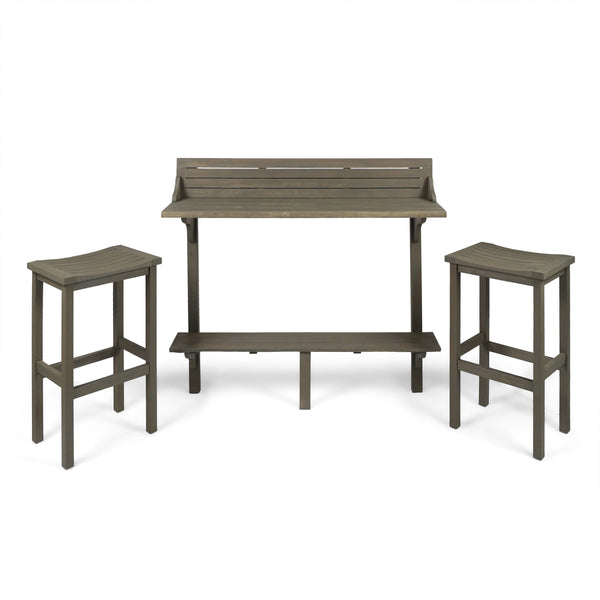 NIKKI CASA 3-Piece Outdoor Balcony Bar Set | Gray Acacia Wood | Table & 2 Stools | Seats 2