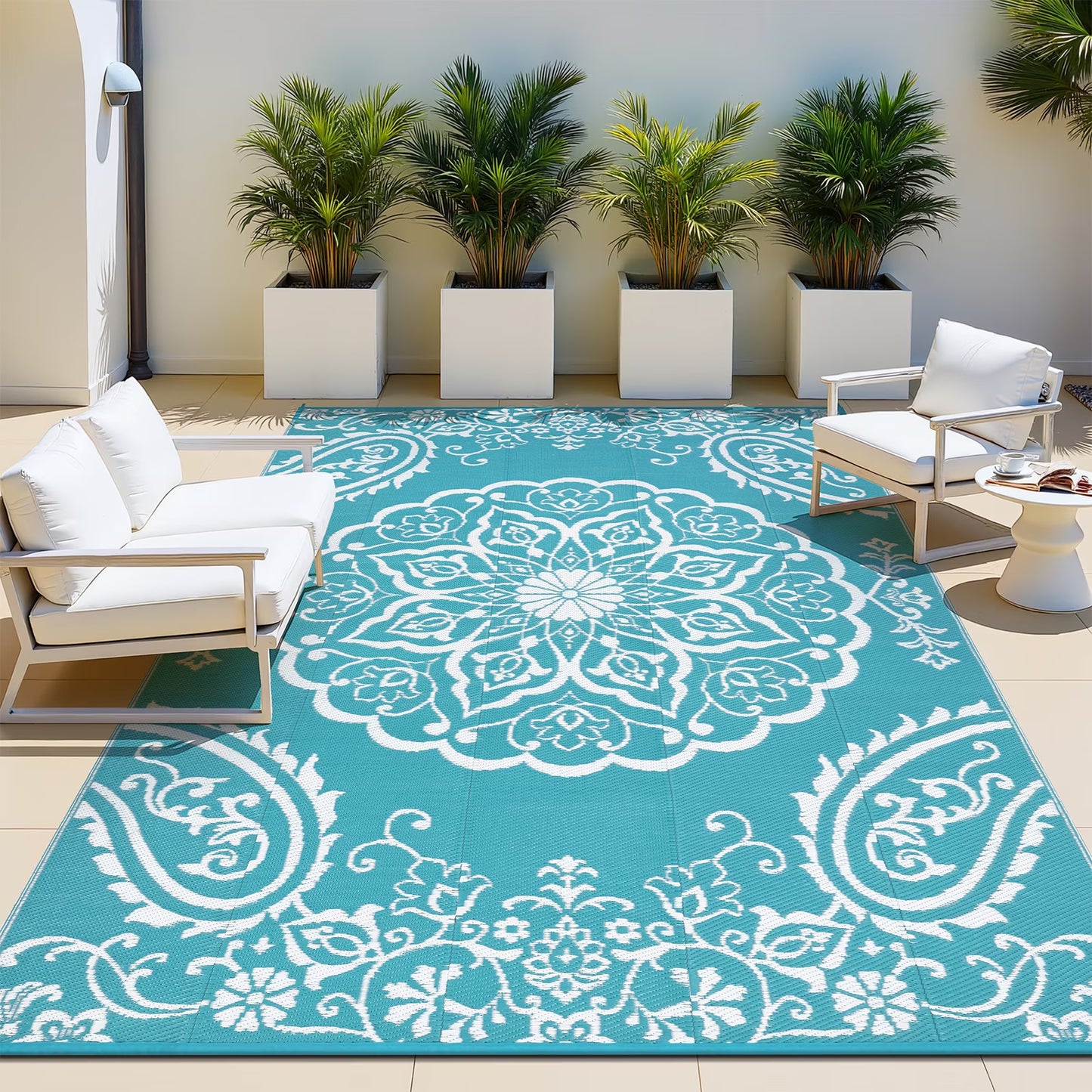 6'X9' Outdoor Rug, Patio Rug Waterproof RV Outdoor Rug Camping Rugs Reversible Plastic Mat for Camping, Balcony Apartment, Patio, Porch, Picnic, Beach, Teal