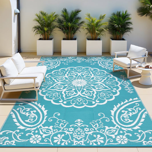 6'X9' Outdoor Rug, Patio Rug Waterproof RV Outdoor Rug Camping Rugs Reversible Plastic Mat for Camping, Balcony Apartment, Patio, Porch, Picnic, Beach, Teal