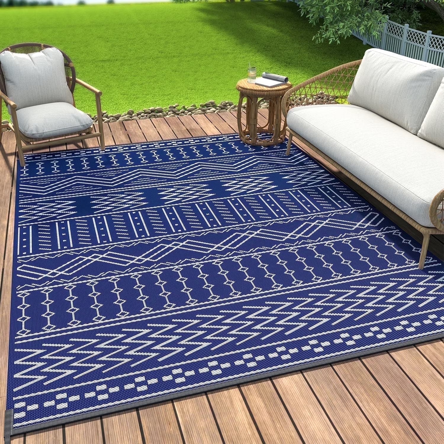 Outdoor Rug 5'X8' Waterproof Patio Rug Reversible Indoor Outdoor Rug Lightweight Plastic Straw Rug for RV Camping Deck Balcony Boho Porch Decor Blue and White