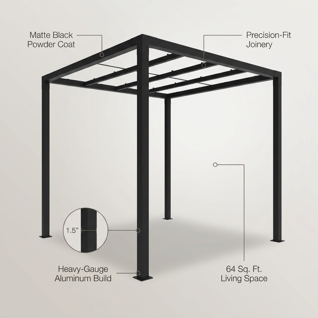 8 Ft. X 8 Ft. Matte Black Aluminum Pergola — infographic