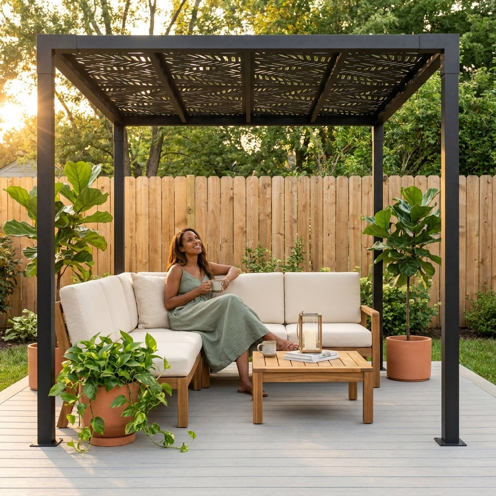 8 Ft. X 8 Ft. Matte Black Aluminum Pergola — Lifestyle
