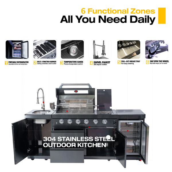 Daheat 85" Outdoor Kitchen Island | 72,000 BTU 4-Burner Grill, Sink, Wine Cooler, Refrigerator & Black Granite Countertops