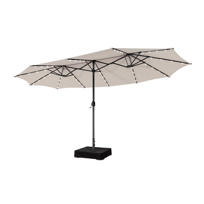 Beige patio umbrella with solar lights on a white background