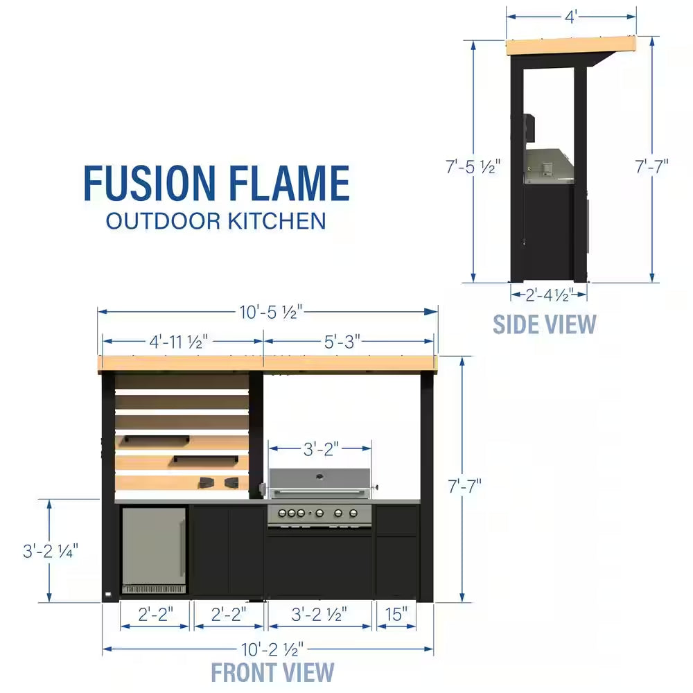 Fusion Flame 5-Burner Propane Gas Grill Island with Rotisserie and Outdoor Rated Refrigerator in Stainless Steel