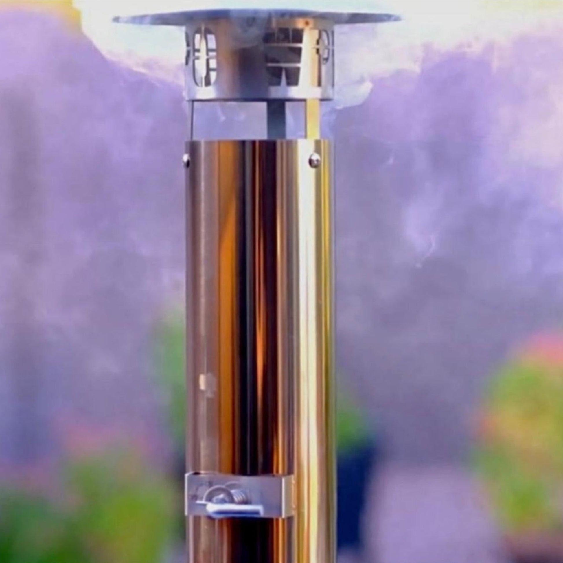 Metal stand with a blurred floral background