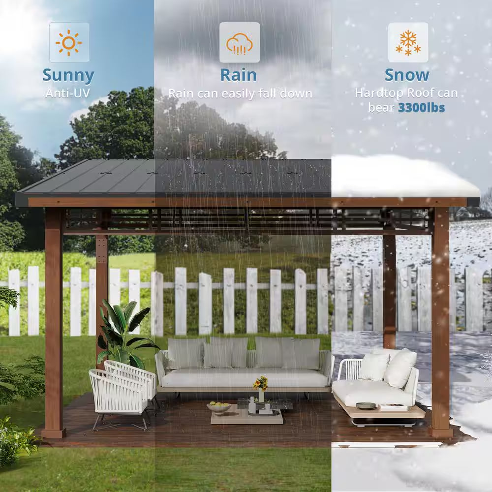 Chandler 10 Ft. X 12 Ft. Brown Cedar Wooden Gazebo Pavilion with Hard Top Iron Slope Roof Grill Gazebo