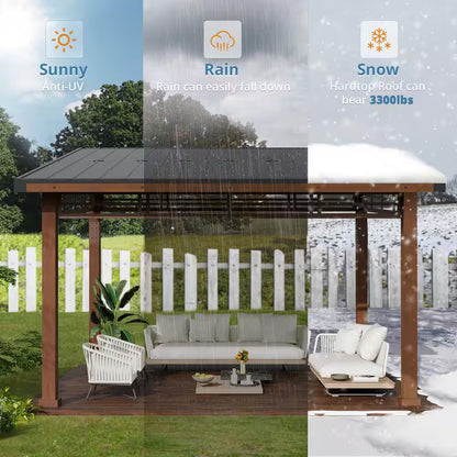 Chandler 10 Ft. X 12 Ft. Brown Cedar Wooden Gazebo Pavilion with Hard Top Iron Slope Roof Grill Gazebo