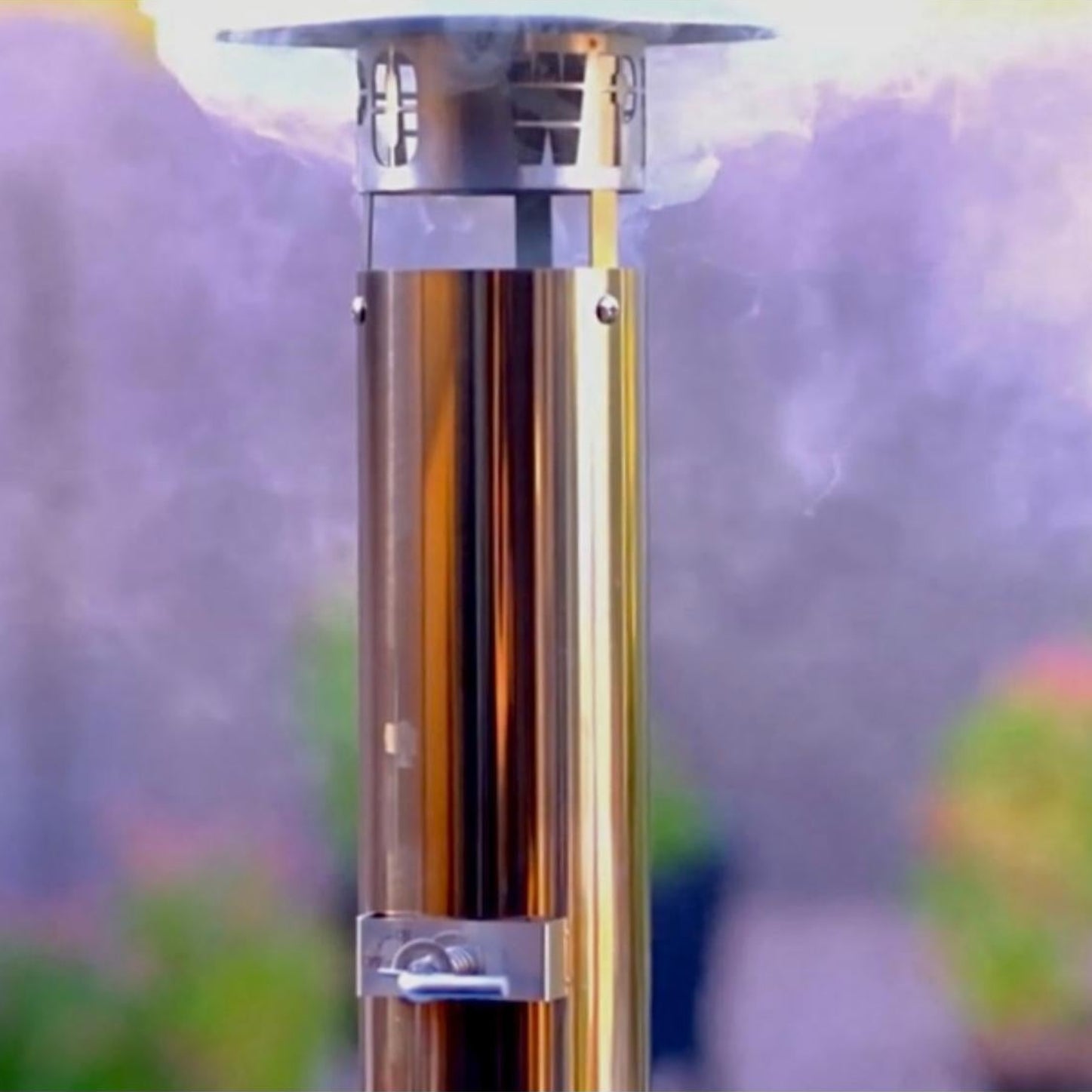 Metal stand with a blurred floral background