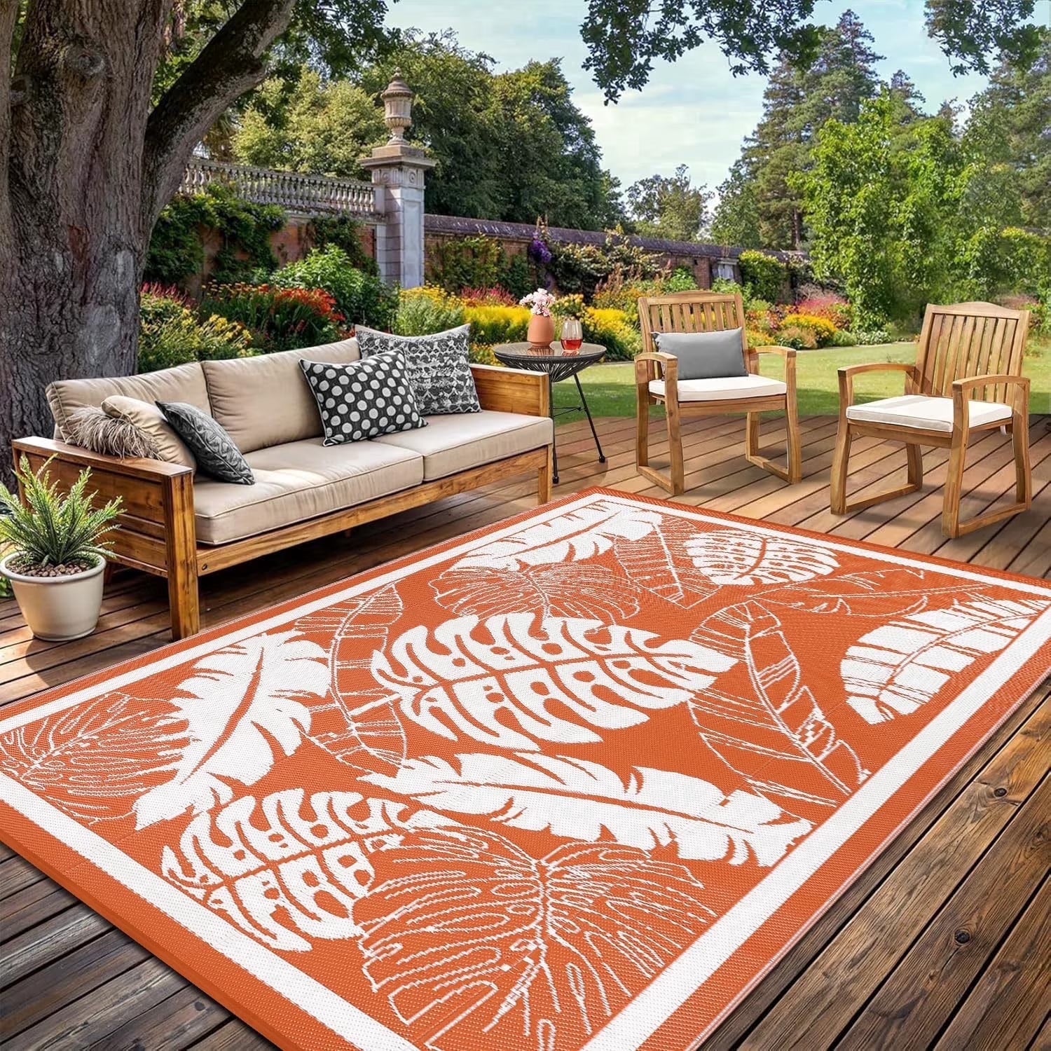 6'X9' Outdoor Rug Patios Rug Waterproof RV Outdoor Rug Camping Rugs Reversible Plastic Straw Rug Large Outdoor Mat Outdoor Area Rug for Camping,Balcony Apartment,Patio,Picnic,Beach Orange