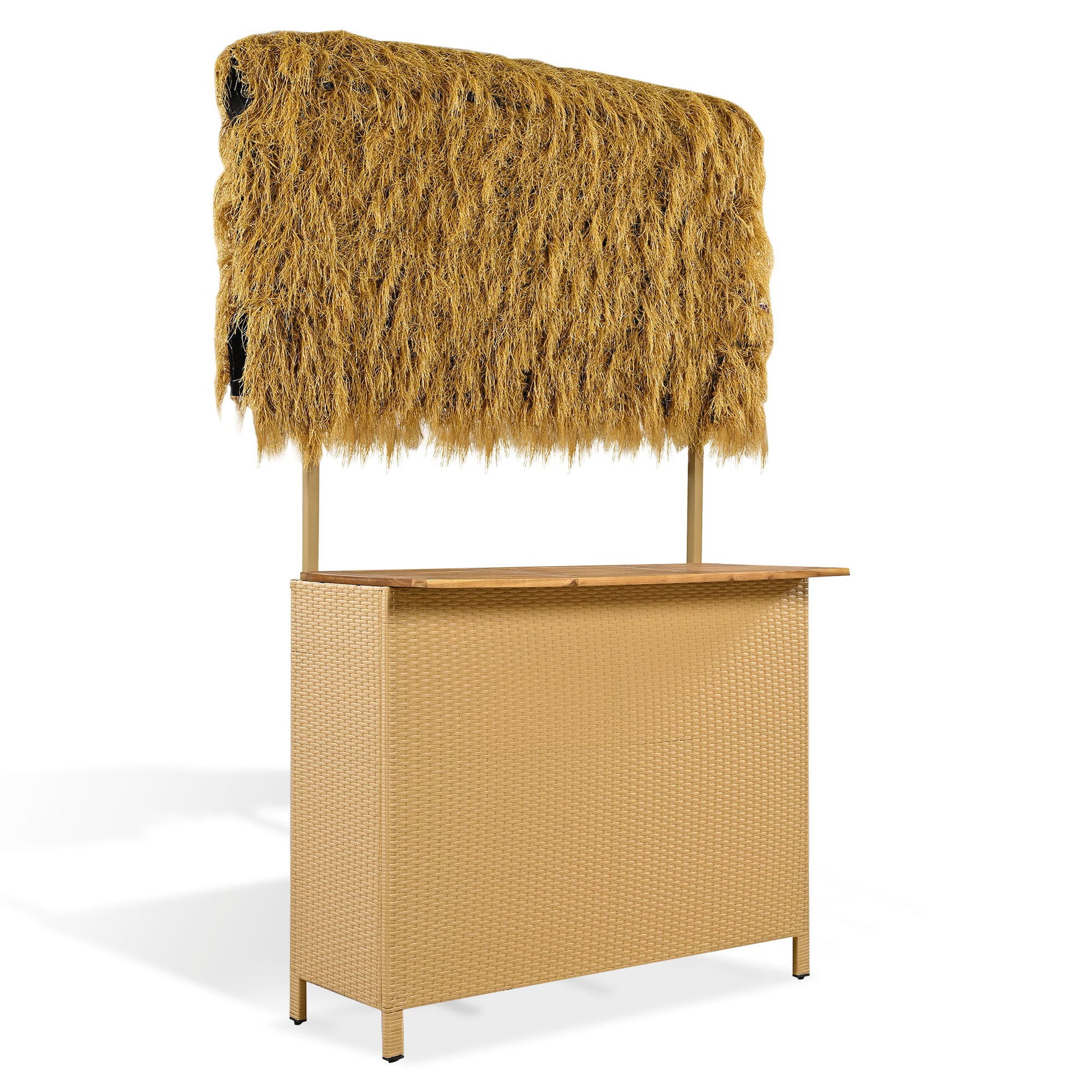 Beige rattan bar with thatched roof on a white background