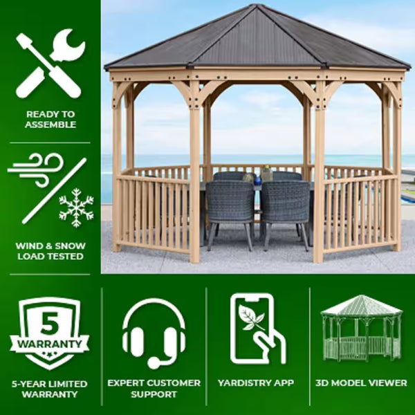 Yardistry Meridian 12 Ft. Octagon Cedar Gazebo | Aluminum Roof | 36'' Guardrail | 5-Year Warranty