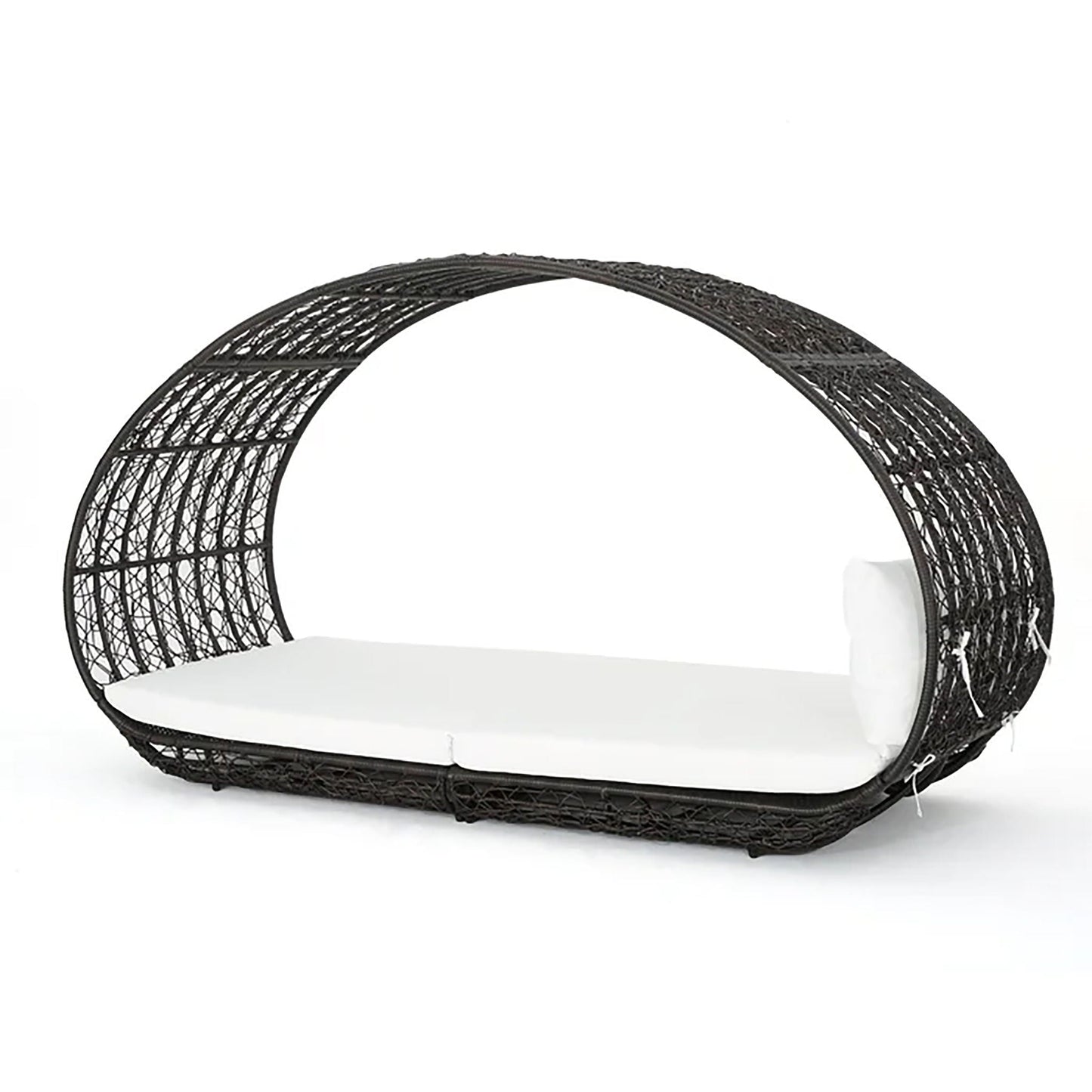 Black wicker daybed with white cushion on a white background