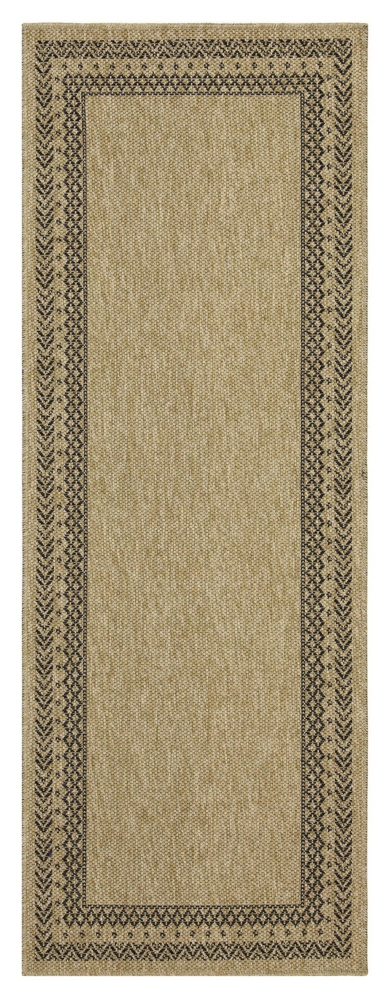 Beige runner rug with black geometric border on a white background