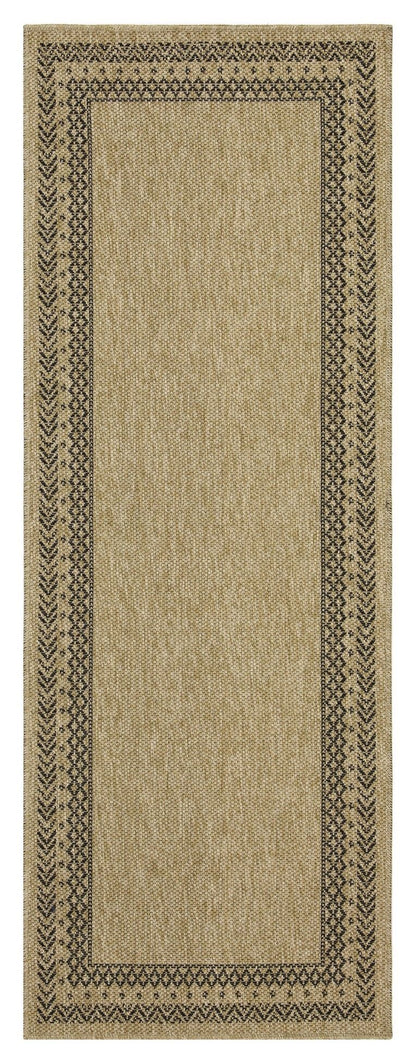 Beige runner rug with black geometric border on a white background