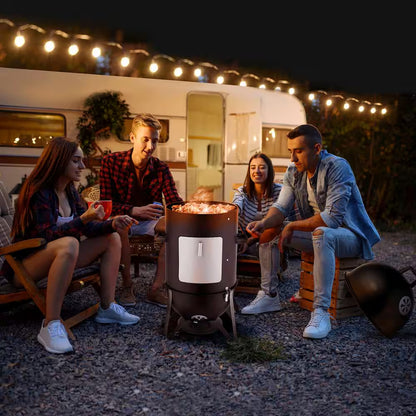 Vertical Steel Charcoal Smoker in Black Three Layer round BBQ Grill