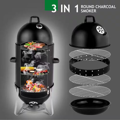 Vertical Steel Charcoal Smoker in Black Three Layer round BBQ Grill