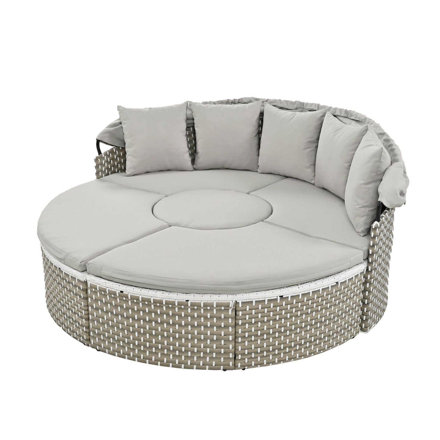 Round outdoor sofa with gray cushions on a white background