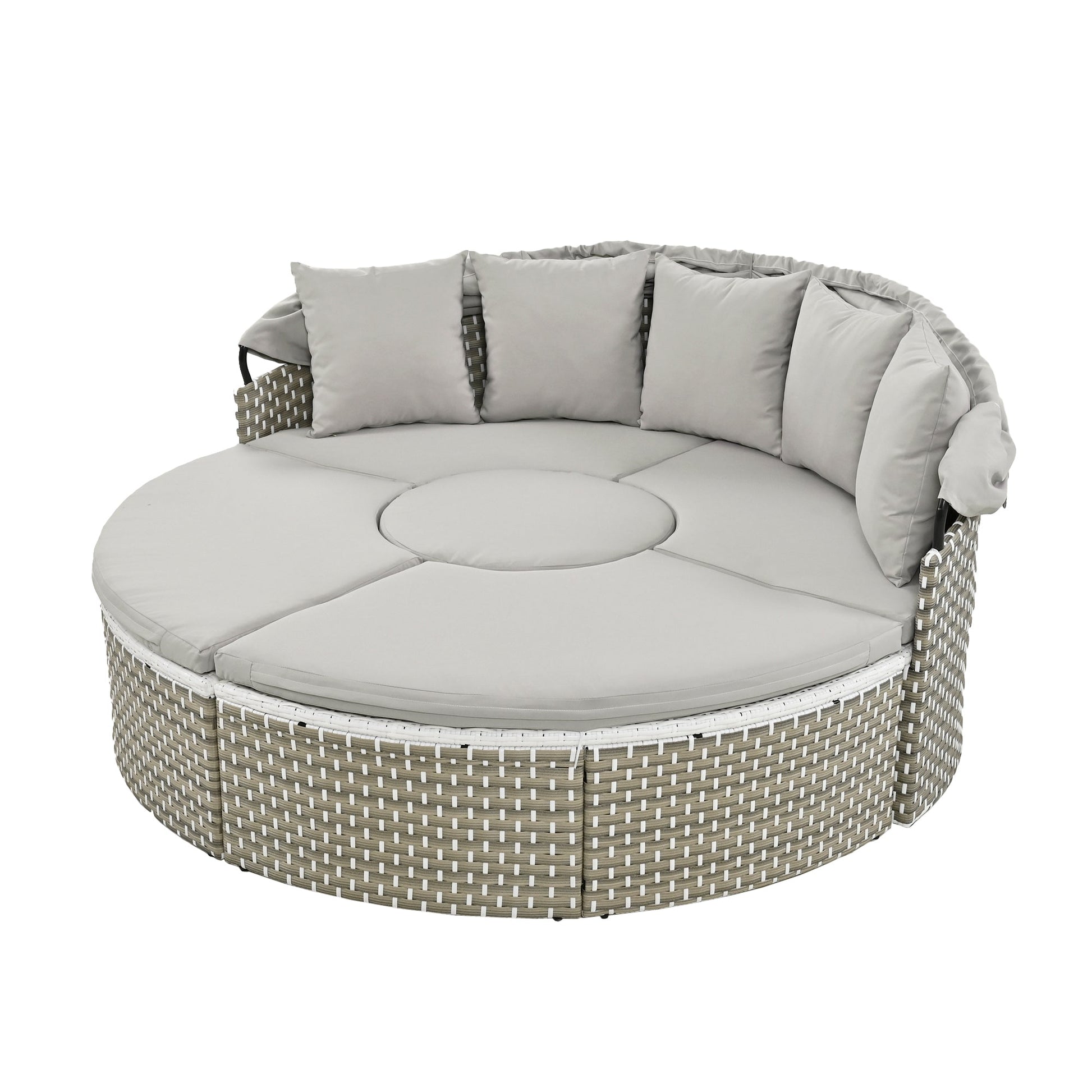 Round outdoor sofa with gray cushions on a white background
