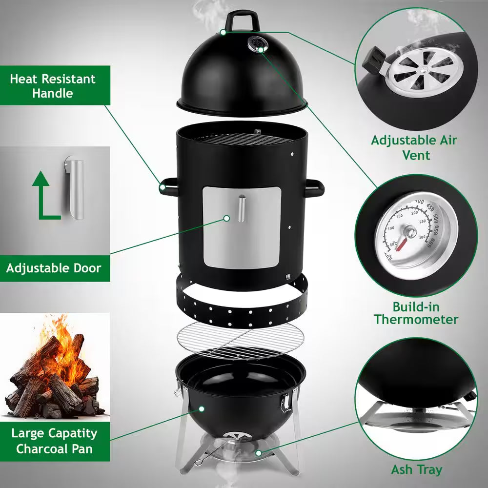 Vertical Steel Charcoal Smoker in Black Three Layer round BBQ Grill