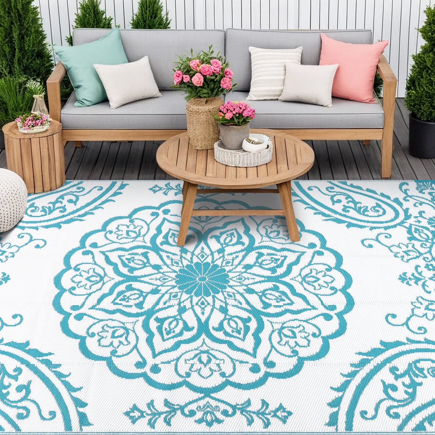 6'X9' Outdoor Rug, Patio Rug Waterproof RV Outdoor Rug Camping Rugs Reversible Plastic Mat for Camping, Balcony Apartment, Patio, Porch, Picnic, Beach, Teal