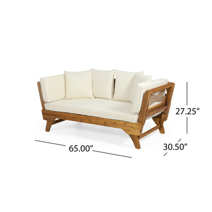 Wooden outdoor sofa with white cushions and dimensions labeled on a white background