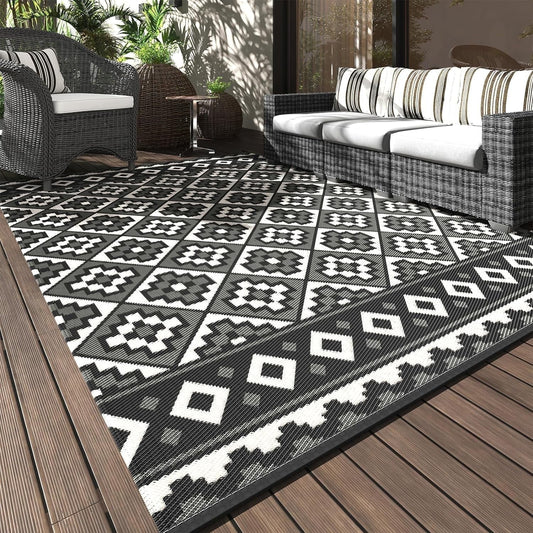 Outdoor Rug 9'X12' Waterproof Reversible Patio Rug Modern Lightweight Plastic Straw Indoor Outdoor Rug for RV Camping Deck Balcony Porch Boho Patio Decor Outdoor Carpet Black and Wite